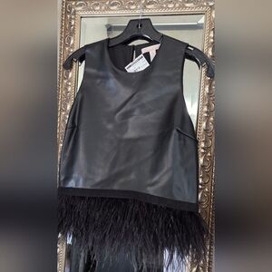 Hutch Black Faux Leather Top with Feather Fringe
